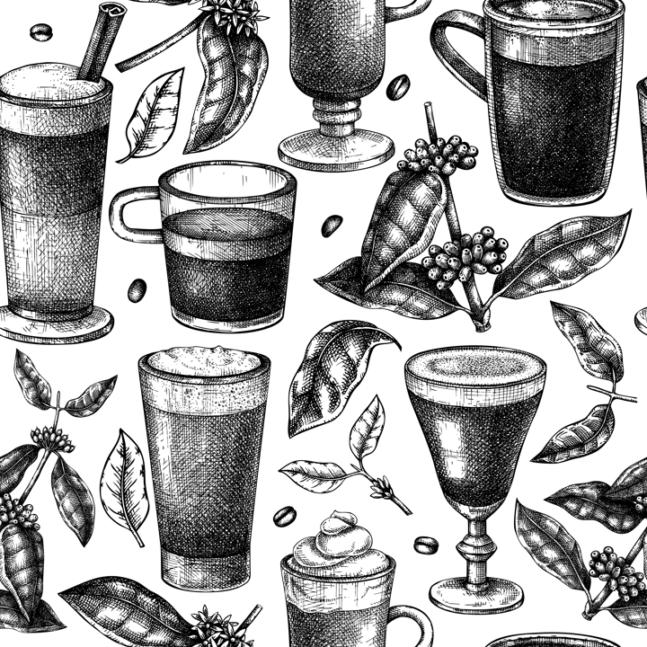 Hand-sketched coffee seamless pattern. Vector sketches of mugs with aromatic caffeine drinks background. With botanical coffee plants, leaves, and beans in vintage style. Vector beverages backdrop